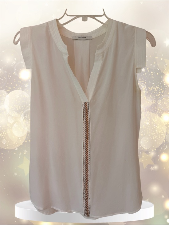 AMS Pure Tops - White Silk Sleeveless V-Neck Blouse, Center Gold Metallic Trim by AMS Pure, Sz S